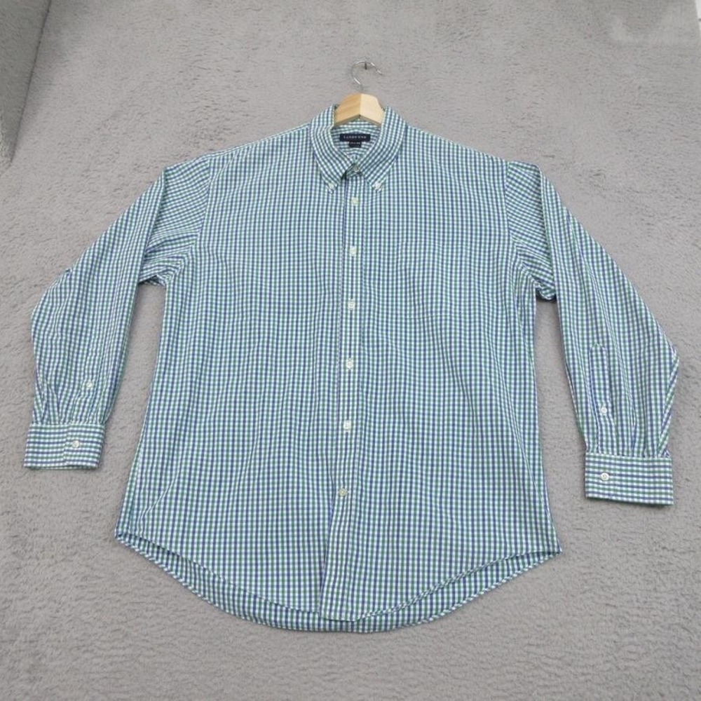 Lands End Dress Shirt Men 17.5 34 Long Sleeve Green Blue Gingham Preppy Academia